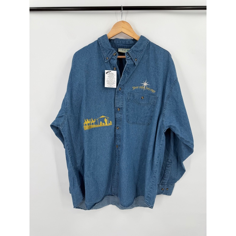 Paradise Point Womens XL Denim Nativity Shirt Silent Night Holy Night Christmas